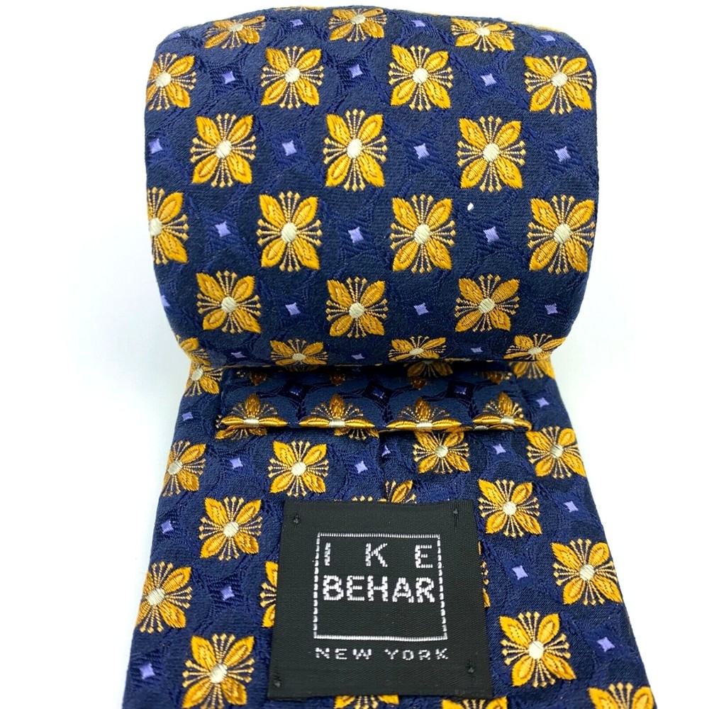 IKE BEHAR NEW YORK Tie Navy Blue Yellow Lavender 100% Silk Hand Tailored Necktie